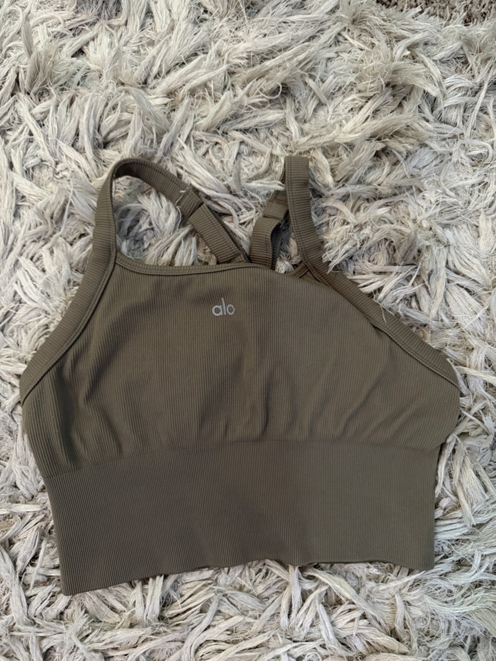 ALO Yoga Olive Ribbed High-Neck Sports Bra with Strappy Back